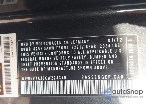 2012 Volkswagen Gti 2-Door from USA, damaged, VIN WVWEV7AJ6CW224379
